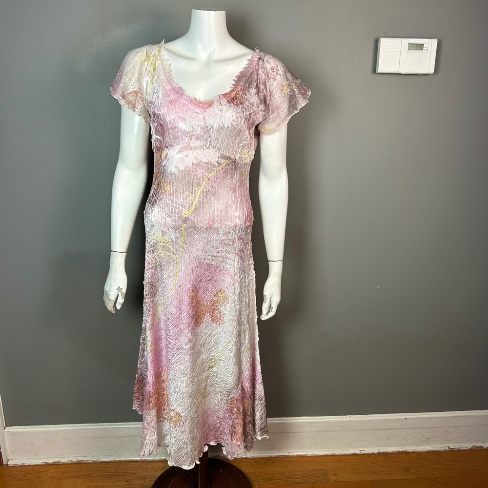 Komarov Floral Maxi dress XL Pink Butterfly Crinkle Lace Romantic Fairy Ethereal